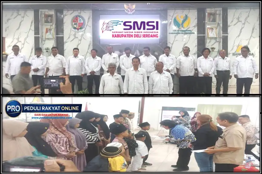 Sebagai rasa syukur, acara pelantikan kepengurusan SMSI Deli Serdang (atas) juga berkesempatan berbagi kasih kepada anak yatim (bawah)